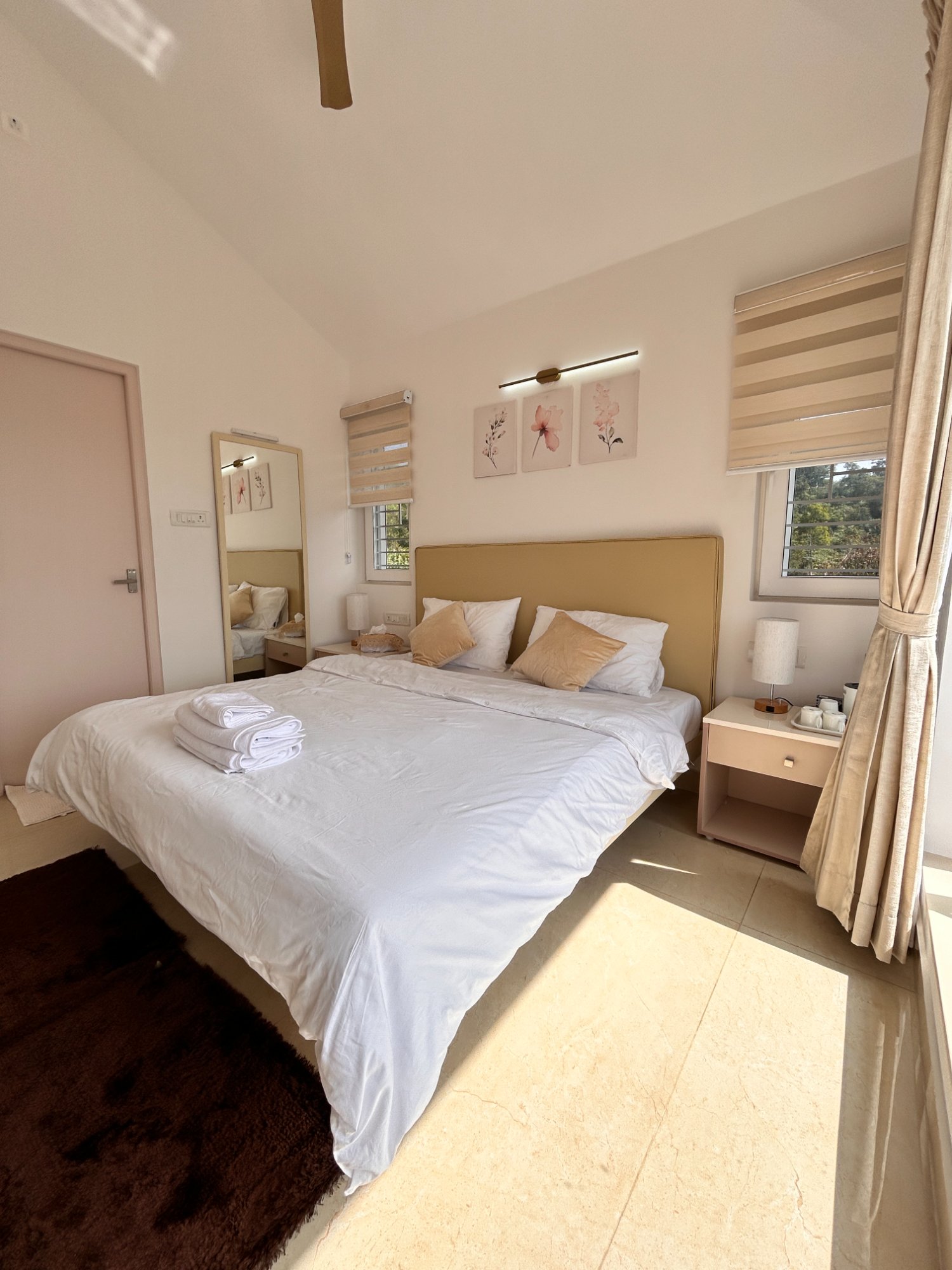 Bright bedroom with hill view window