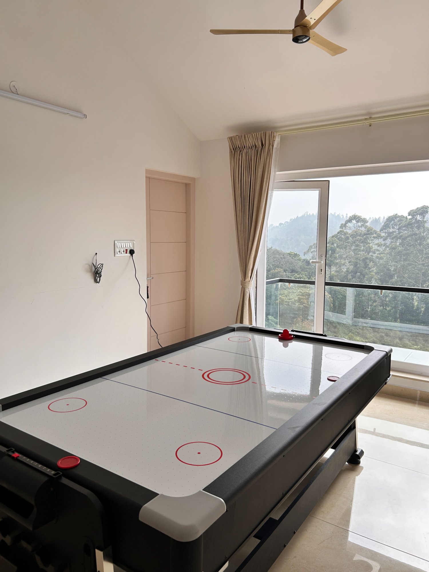 Air hockey table with forest view