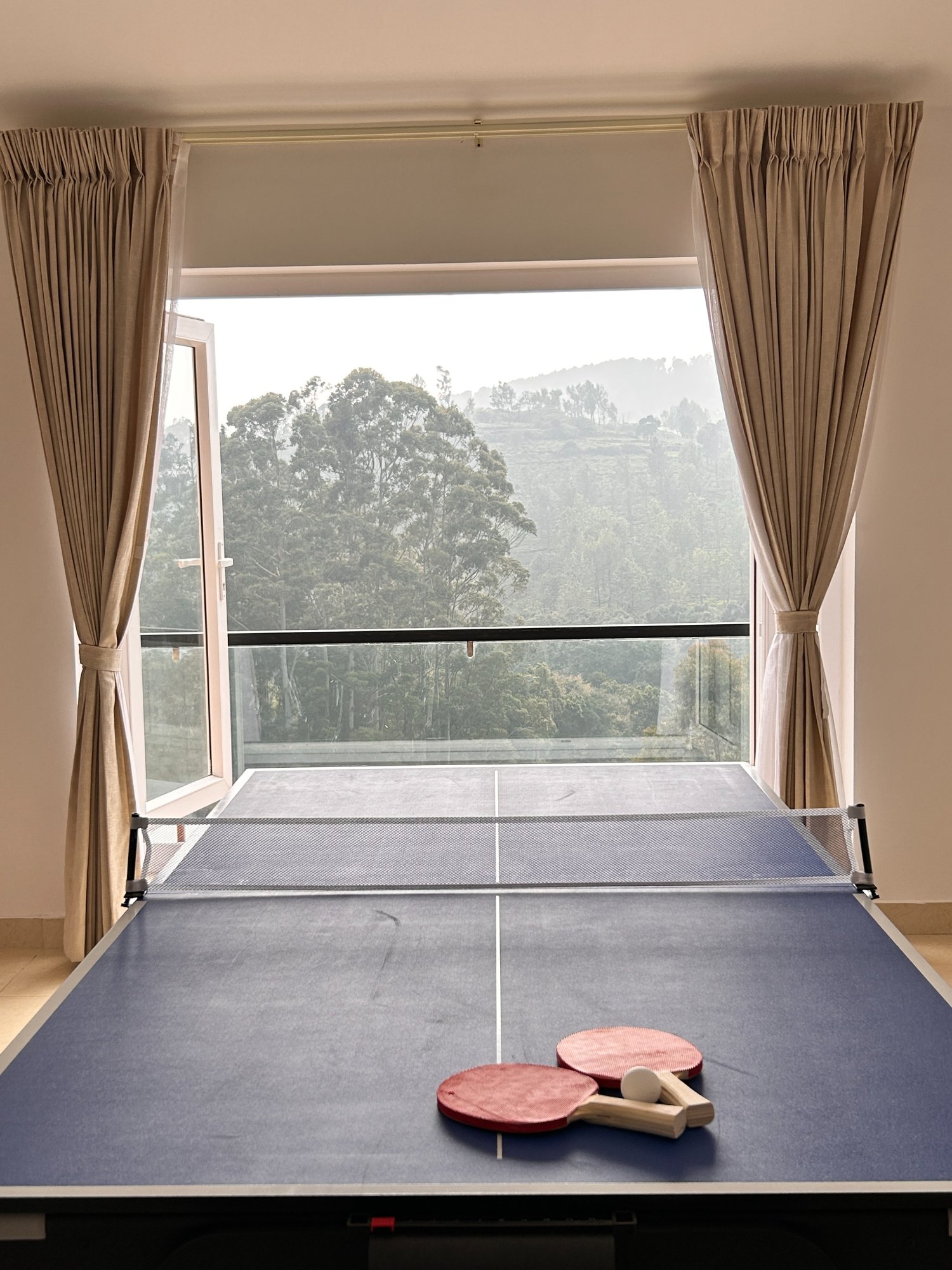 Table tennis with misty hill view